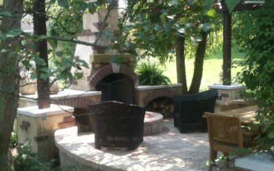 Outdoor patio with fireplace