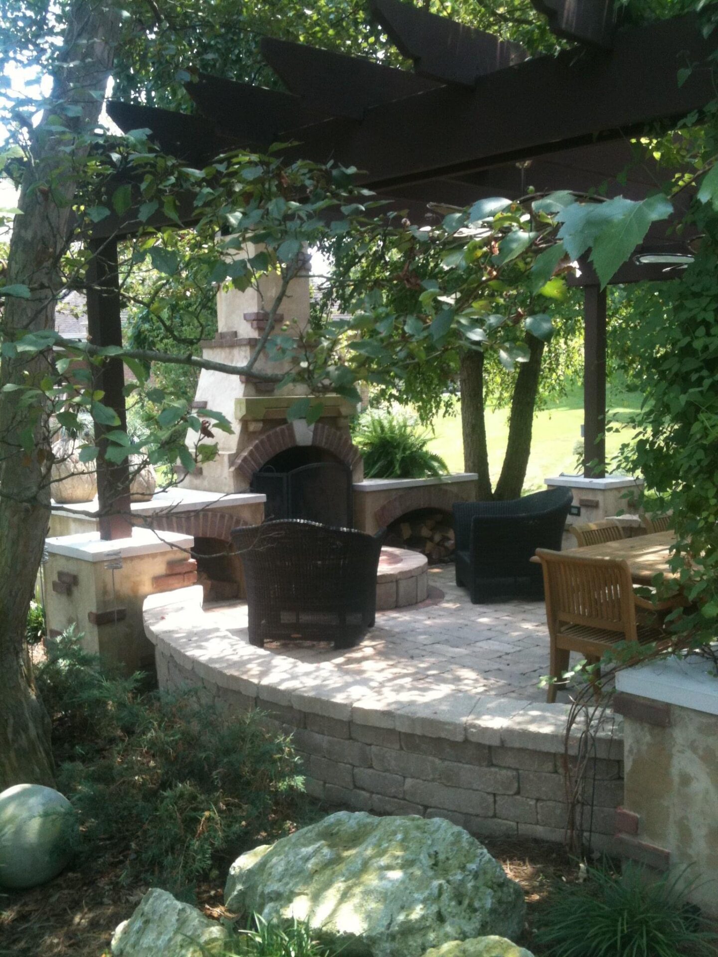 Outdoor patio with fireplace